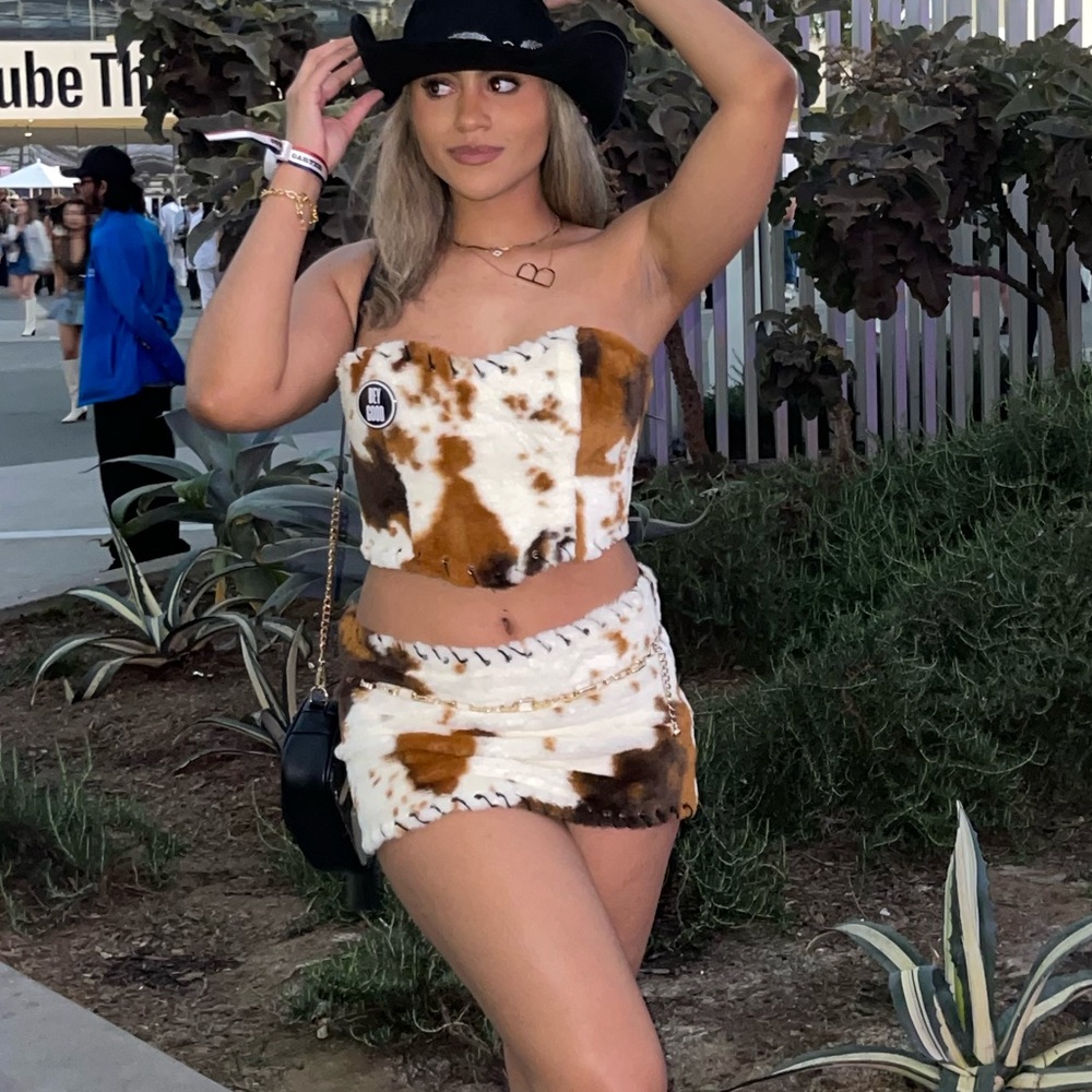 Fashion Nova Brown and White Cow Print Mini Skirt Set